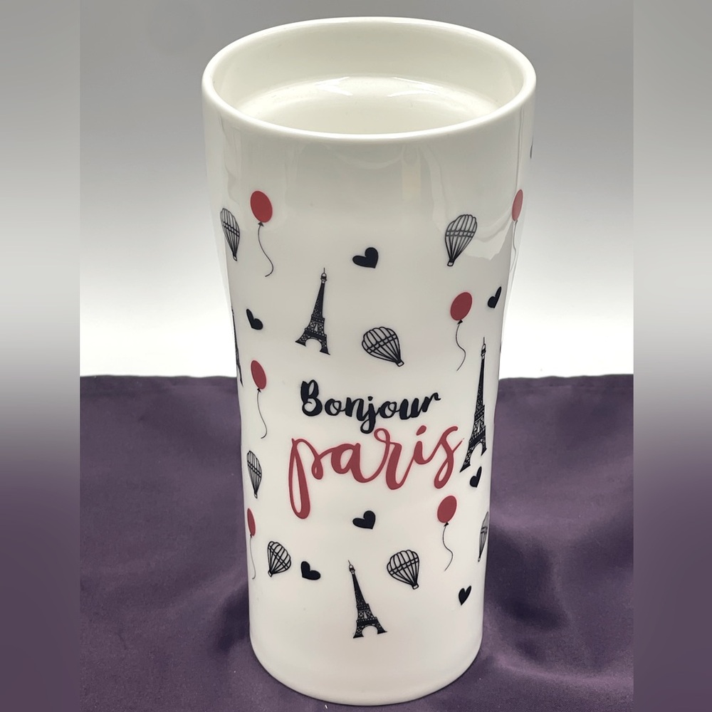 Ciroa “Bonjour Paris” Porcelain Travel Mug Eiffel Tower, Heart & Hot Air Balloon